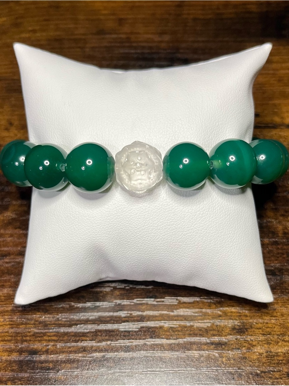 14mm Green Jade Bracelet with Clear Quartz Lotus Flowers